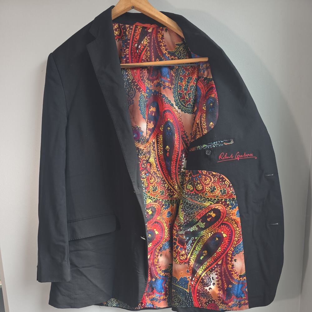 Robert Graham Tailored Fit Wool Blazer Black Graphic Contrast Lining Men’s Sz 44